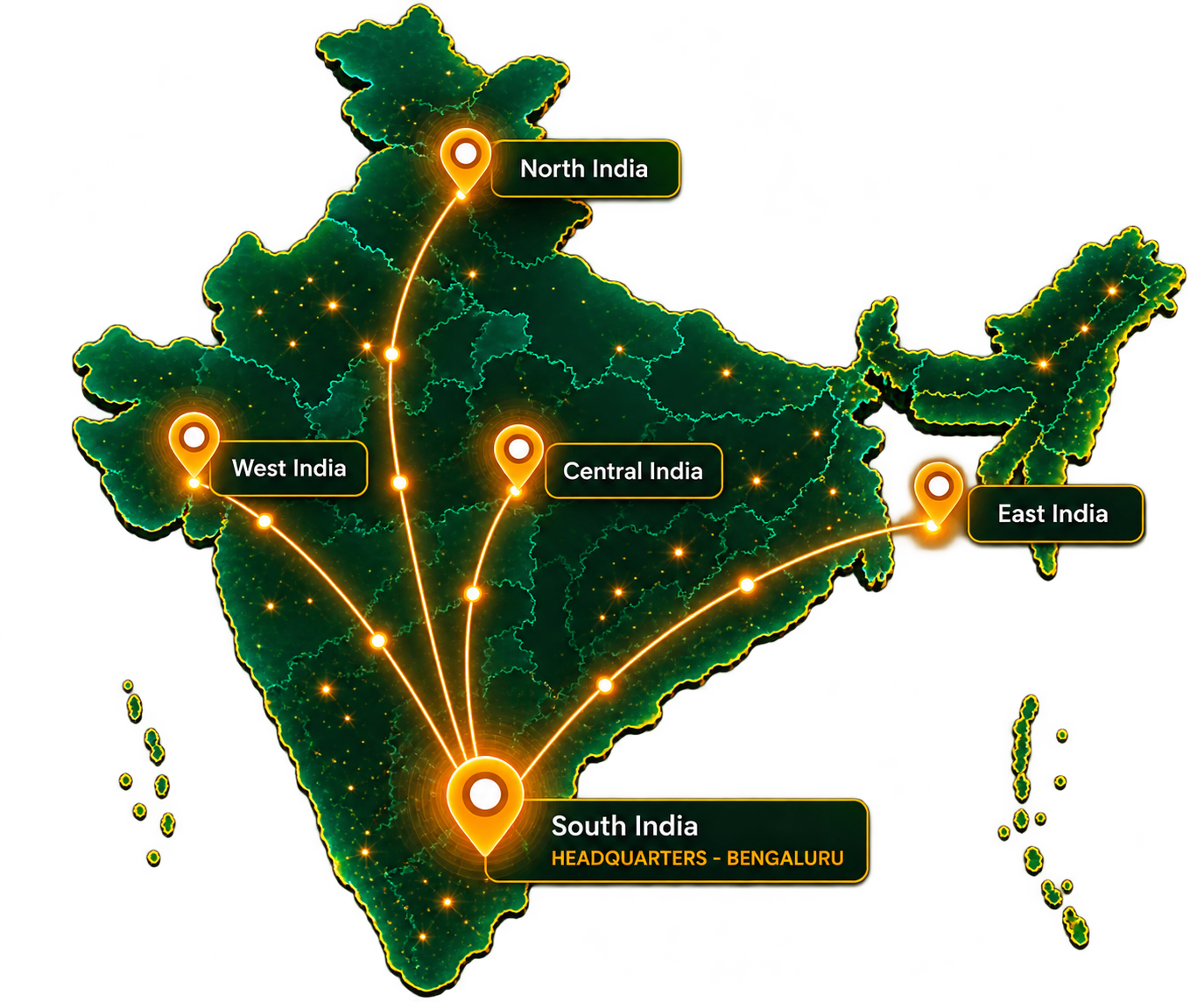 India map showing North India, West India, Central India, East India, and South India headquarters in Bengaluru